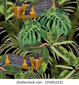 Seamless pattern with yellow snakes and bright tropical plants: ficus, palm and bananas leaves. Colorful wallpaper on a tropical theme on black background.