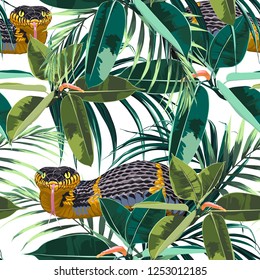 Seamless pattern with yellow snakes and bright tropical plants: ficus, palm leaves. Colorful wallpaper on a tropical theme on white background.