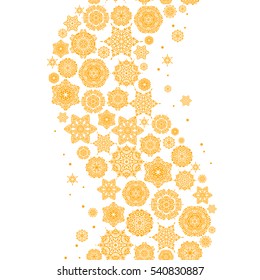 Seamless pattern of yellow snowflakes and dots on white background. Vector abstract design in yellow colors.