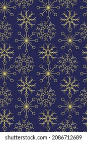 Seamless pattern with yellow snowflakes on dark blue backround.