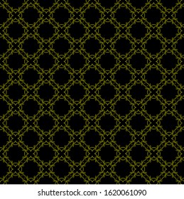 Seamless pattern of yellow spiders on a black background. Abstract creative composition.Geometric spiders ornament. Vector illustration for fabric design, textile print, packaging, scrapbooking, etc.