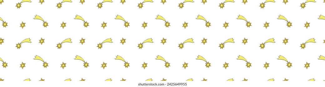 Seamless pattern of yellow stars, comets in doodle flat style. Simple color background and texture on theme of night sky, space, astronomy, kids design