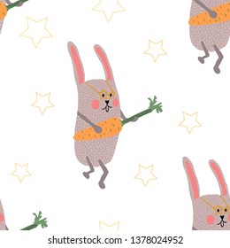 Seamless pattern with yellow stars and cute bunny wearing star glasses and playing carrot guitar.  Rock rabbit. Design for children. Isolated on white background - Vector