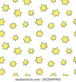 Seamless pattern of yellow stars in doodle flat style. Simple color background and texture on theme of night sky, space, astronomy, kids design