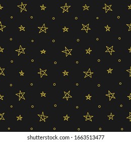 Seamless pattern of yellow stars on a dark background. Hand drawn elements. Vector.
