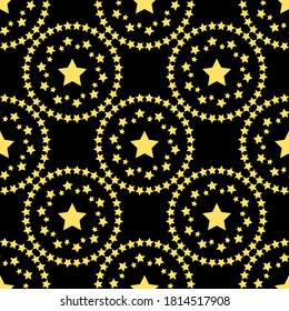 Seamless pattern with yellow stars on black background. Vector image. 