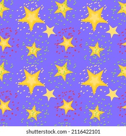 Seamless pattern with yellow stars on a blue background. Drawing for wallpaper in the children's room, for bed linen, wrapping paper. Vector illustration.