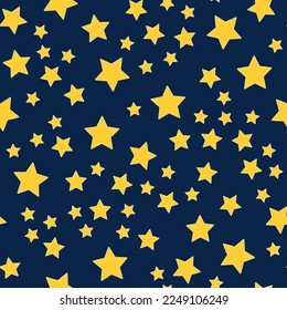 Seamless pattern of yellow stars on a dark background. Space pattern for wrapping paper. Five-pointed stars are randomly arranged. Vector illustration.