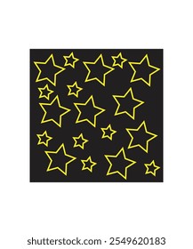 A seamless pattern of yellow stars scattered on a black background. Perfect for holiday designs, night sky themes, or festive decorations.