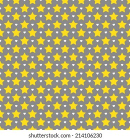 Seamless pattern.  Yellow stars and white hearts on a gray background