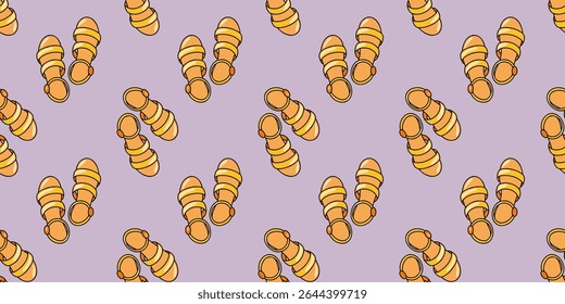 Seamless pattern with yellow strappy sandals on lilac background. Vacation summer shoes. Cartoon style vector background