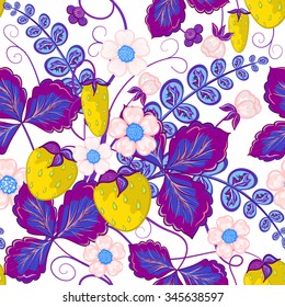 Seamless pattern with yellow strawberries and violet leaves. Perfect for wallpapers, pattern fills, web page backgrounds, surface textures, textile.