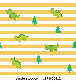 Seamless pattern of yellow stripes, dinosaur and pine tree cartoon. Vector illustration. Kids Pattern for print, wallpaper, textile.