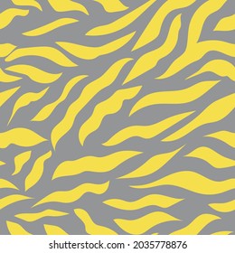 Seamless pattern with yellow stripes on a gray background, like a tiger. Print for modern fabrics, throw pillows, wrapping paper. Trendy colors of 2021. Vector.