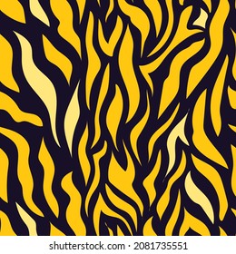 Seamless pattern with yellow stripes on a dark purple background. The color is trendy tiger. Print for modern fabrics, throw pillows, wrapping paper. Vector.