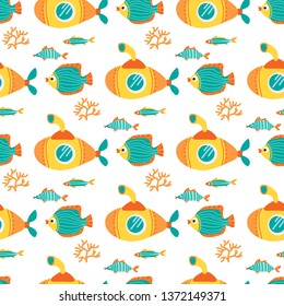 Seamless pattern with yellow submarines and angelfishes. Underwater life. Flat design. Vector illustration. Design element for fabric, wallpaper or wrapping paper.