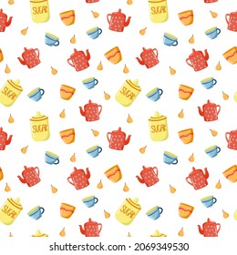 Seamless pattern with Yellow sugar bowl, Red teapot with polka dots, Blue cup in cartoon modern style. Ceramic kitchenware Print for design tablecloth, clothes, pillows.