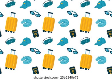 Seamless pattern with yellow suitcase, sunglasses and cap. Vector illustration