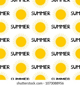 Seamless pattern from the yellow sun and black word summer . Colorful background. Vector illustration