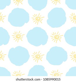 Seamless pattern from the yellow sun and blue clouds. Colorful background. Vector illustration