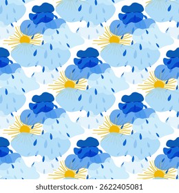 Seamless pattern of yellow sun and clouds of different shades of blue with raindrops in children's style hand drawn for posters, cards, stickers. Seamless pattern on pastel soft blue background