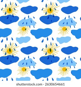 Seamless pattern of yellow sun and clouds of different shades of blue with raindrops in children's style hand drawn for posters, cards, stickers. Seamless pattern on pastel soft blue background