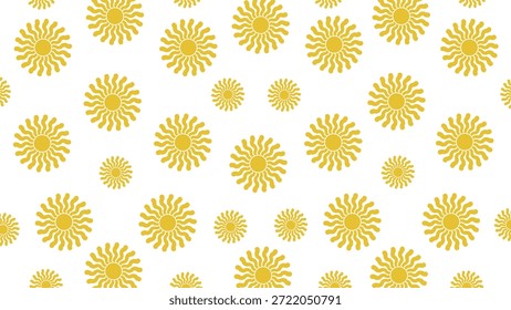 Patrón sin fisuras de iconos de sol amarillo con rayos ondulados sobre fondo blanco. Ilustración vectorial de verano retro