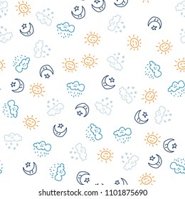 Seamless Pattern Yellow Sun And Moon With Stars And White Clouds With Rain Drops And Snowflakes On Sky. Cloudy And Clear Weather Pattern