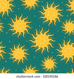 Seamless Pattern. Yellow Sun with Ornamental Silhouette on Green Background. Vector Texture