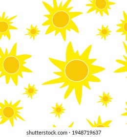 Seamless pattern with yellow sun. Summer background. Flat vector illustration. Cute colorful wallpaper for textile, fabric, cover, print, wallpaper, paper.