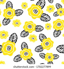 Seamless pattern with yellow sunflower flowers and leaves with black contours on a white background. Simple primitive hand-drawing for fabric, wallpaper, gift wrap, paper, design.