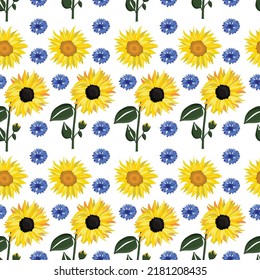 Nahtlose Muster der gelben Sonnenblumen und Kornblumen auf weißem Hintergrund, Vektorgrafik