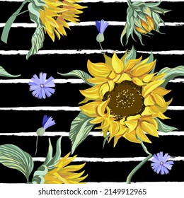 Seamless pattern with yellow sunflowers, cornflowers. Vector illustration.