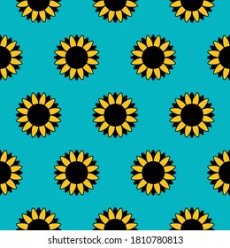 Nahtloses Muster, gelbe Sonnenblumen einzeln auf blauem Hintergrund. Einfache kleine Sonnenblumen drucken.