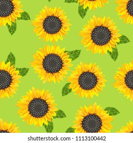 Seamless pattern of yellow sunflowers on a green background. Vector illustration in a flat style. Floral background.