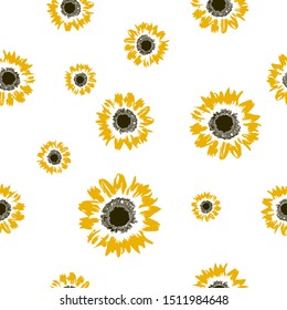 Seamless Pattern Yellow Sunflowers On White Background. Sun Flowers Kid Print. Floral Bright Texture For Fabric Textile, Wall Paper, Banner. Fashion Baby Girl Repeat Motif. Vector Art Eps 10