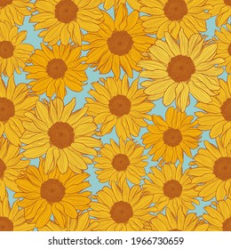 Nahtlose Muster gelber Sonnenblumen auf helltürkisem Hintergrund. Dekorative Bedruckung für Tapeten, Umhüllungen, Textilien, Modegewebe oder andere bedruckbare Umschläge. Digitale Kunst, Vektorgrafik
