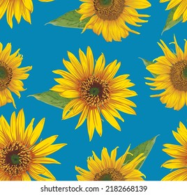 seamless pattern with yellow sunflowers on a blue background. floral pattern. sunflowers illustration. wallpaper, textiles, background. blue and yellow colors of Ukraine.