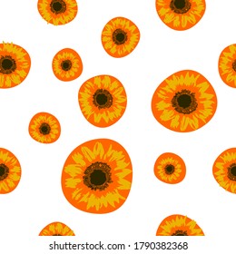 Seamless pattern yellow Sunflowers and orange blots background. Sun flowers and spot kid print. Floral bright texture for fabric textile, wall paper, banner. Girly repeat motif. Vector art eps 10