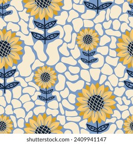 Seamless pattern with yellow sunflowers in tiled background. Perfect for summer, spring fubric, scrapbook, wrapping, textile. Vector illustration