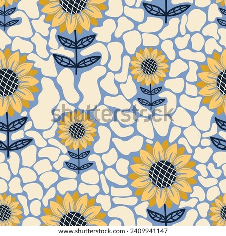 Seamless pattern with yellow sunflowers in tiled background. Perfect for summer, spring fubric, scrapbook, wrapping, textile. Vector illustration