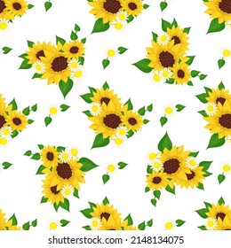 Seamless pattern with yellow sunflowers, white daisy and green leaves on background. Print with element of nature, chamomile, plant for decoration and design. Vector flat illustration