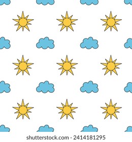 Seamless pattern with yellow suns and clouds. Simple Sunny cloudscape background. Vector flat illustration.