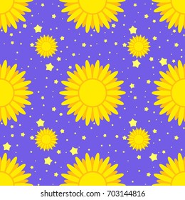 Seamless pattern of yellow suns on a background of stars and a blue sky