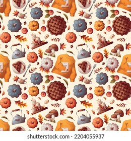 Seamless pattern with Yellow sweater, apples, pumpkins, pie, kettle, candles. Autumn, harvest, thanksgiving day, fall concept. Vector illustration. Perfect for product design, wallpaper, scrapbooking.