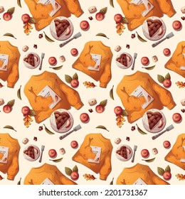 Seamless Pattern With Yellow Sweater, Book, Apple Pie. Autumn, Harvest, Thanksgiving Day, Cozy Home, Fall Concept. Vector Illustration. Perfect For Product Design, Wallpaper, Scrapbooking.