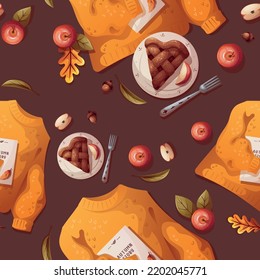 Seamless Pattern With Yellow Sweater, Book, Apple Pie. Autumn, Harvest, Thanksgiving Day, Cozy Home, Fall Concept. Vector Illustration. Perfect For Product Design, Wallpaper, Scrapbooking.