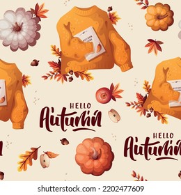 Seamless Pattern With Yellow Sweater, Book, Apples, Pumpkins. Autumn, Harvest, Thanksgiving Day, Cozy Home, Fall Concept. Vector Illustration. Perfect For Product Design, Wallpaper, Scrapbooking.