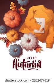 Seamless Pattern With Yellow Sweater, Book, Apples, Pumpkins. Autumn, Harvest, Thanksgiving Day, Cozy Home, Fall Concept. Vector Illustration. Perfect For Product Design, Wallpaper, Scrapbooking.