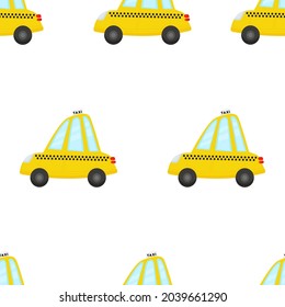 Seamless pattern with yellow taxi on white background. Vector illustration for kids